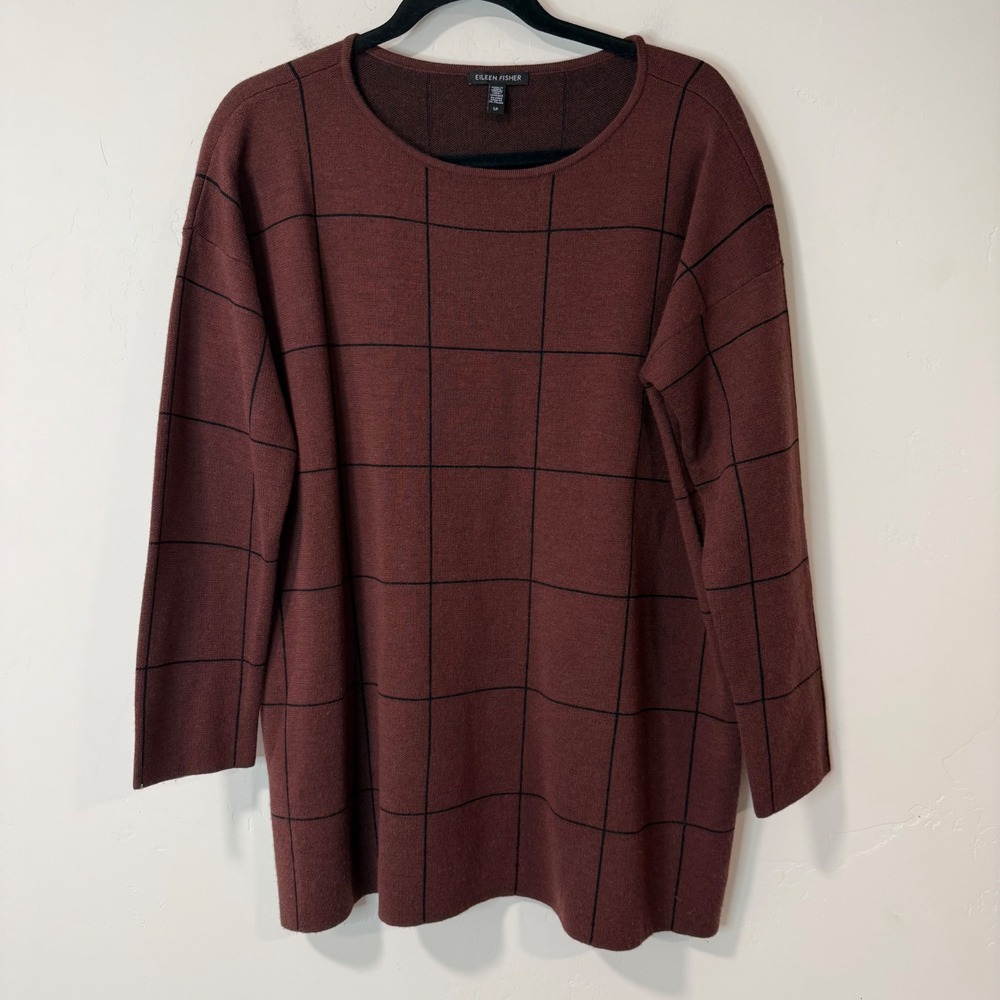 Eileen Fisher Womens Tunic Sweater S/P Brown Excellent Merino Wool Windowpane